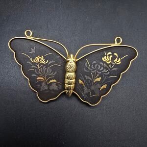 Amita Japanese Damascene Butterfly Brooch Gold Tone Black Bug Insect Jewelry